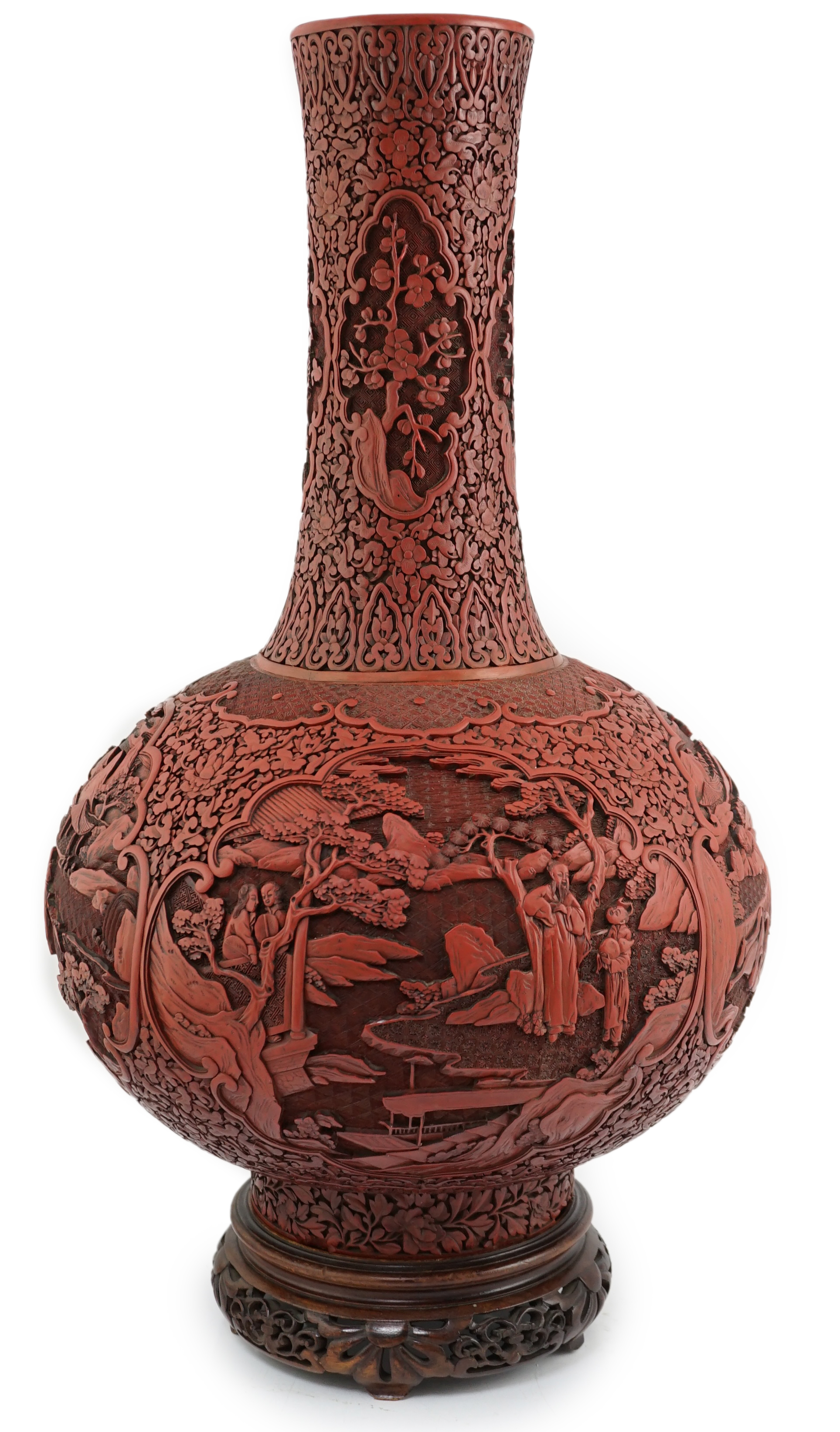 A large Chinese cinnabar lacquer bottle vase, 19th century, Some restoration